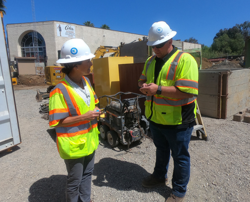 Vallecitos Water District Asset Management Supervisor and Alison Fisher, Capital Facility Assistant Engineer. confer at the Montiel Lift Station project. Photo: Vallecitos Water District water industry careers