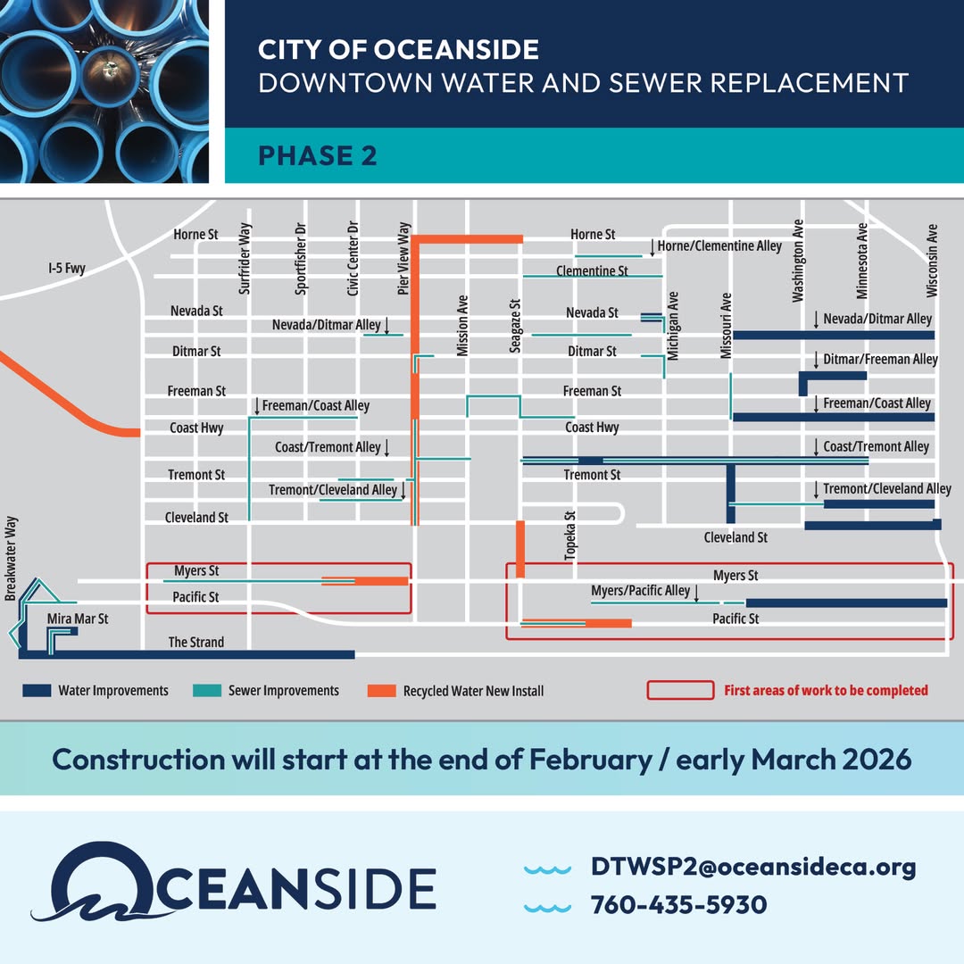 The project map displays the locations of Phase II water and sewer pipeline replacements. Photo: City of Oceanside