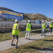 Padre Dam Municipal Water District’s board members pulled the railing of the aeration basin to mark the official decommissioning of the Ray Stoyer Water Recycling Facility. Photo: Padre Dam Municipal Water District