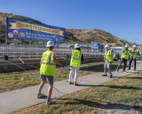 Padre Dam Municipal Water District’s board members pulled the railing of the aeration basin to mark the official decommissioning of the Ray Stoyer Water Recycling Facility. Photo: Padre Dam Municipal Water District