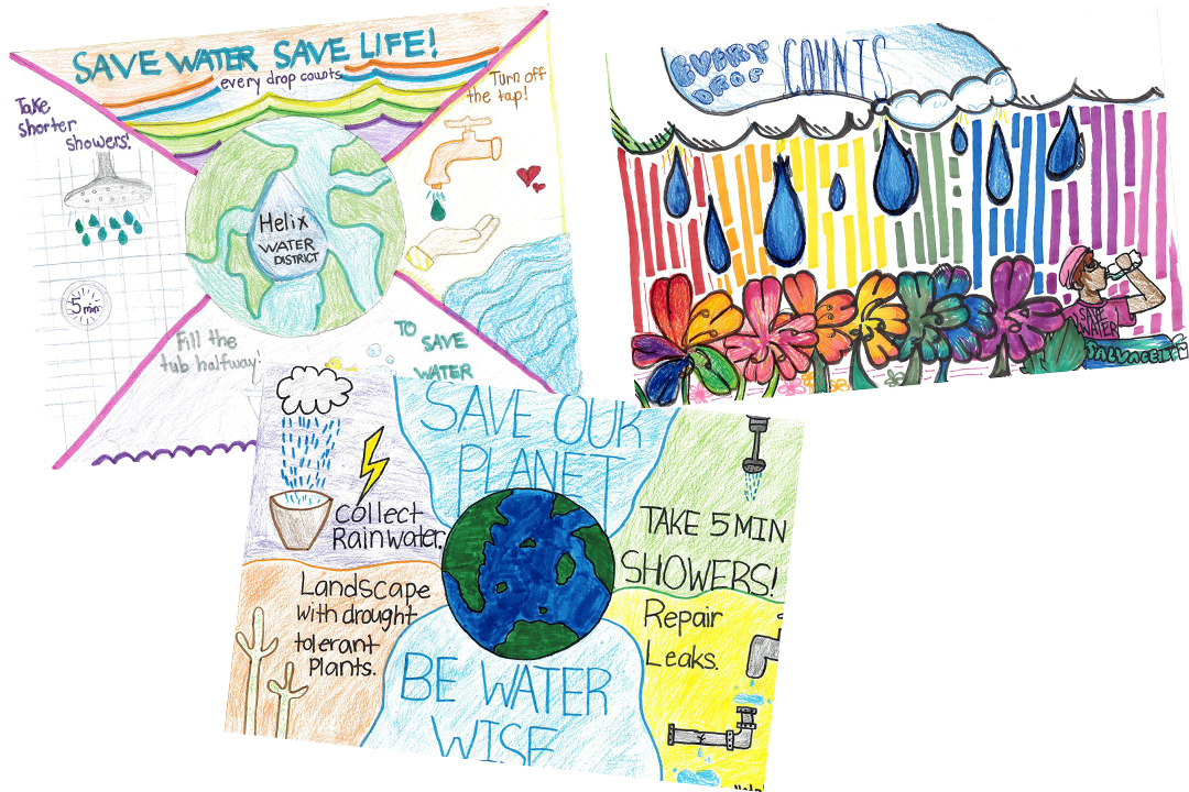 Fifth grade winners: First Place: Lilly Mallory, Flying Hills School of the Arts, El Cajon; Second Place: Brooklynn Harr, Fletcher Hills Elementary School, El Cajon; Third Place: Natalie Trillas, Flying Hills School of the Arts, El Cajon. Photo: Helix Water District 2026 Student Poster Contest