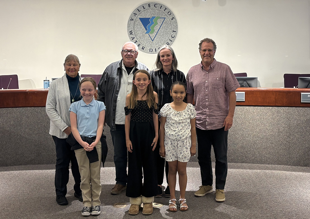 Vallecitos 2026 Student Poster Contest winners (L to R): Board Member Tanis Brown, First Place Winner EV Casiday, Board Member Jim Hernandez, Second Place Winner Fiona Basham, Board President Jennifer Kerschbaum, Third Place Winner Ayleen Guillen, Board Member Jim Pennock. Photo: Vallecitos Water District students honored