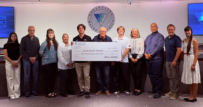 (L to R): Vallecitos Water District Scholarship Winner Ashley Perez, Board Vice President Craig Elitharp, Scholarship Winner Carly Gresham, Board Member Tanis Brown, Scholarship Winner Carson Hackett, Board Member Jim Hernandez, Scholarship Winner Tanner Ranking, Board President Jennifer Kerschbaum, Scholarship Winner Charles Zhou, Board Member Jim Pennock, Scholarship Winner Keira Klima. Photo: Vallecitos Water District