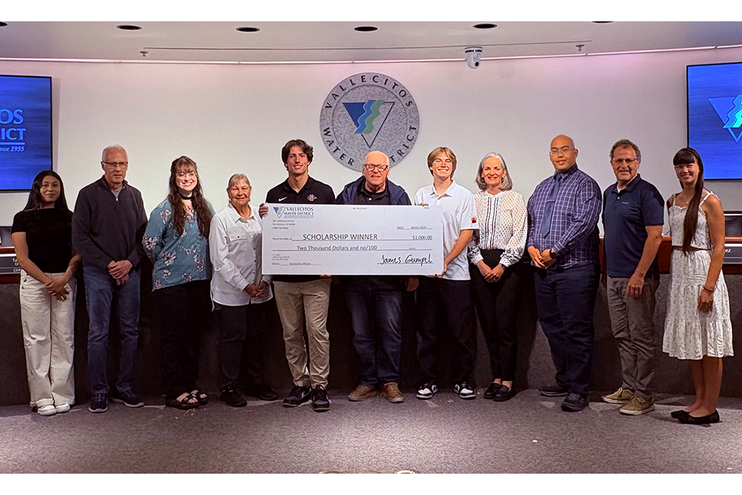 (L to R): Vallecitos Water District Scholarship Winner Ashley Perez, Board Vice President Craig Elitharp, Scholarship Winner Carly Gresham, Board Member Tanis Brown, Scholarship Winner Carson Hackett, Board Member Jim Hernandez, Scholarship Winner Tanner Ranking, Board President Jennifer Kerschbaum, Scholarship Winner Charles Zhou, Board Member Jim Pennock, Scholarship Winner Keira Klima. Photo: Vallecitos Water District